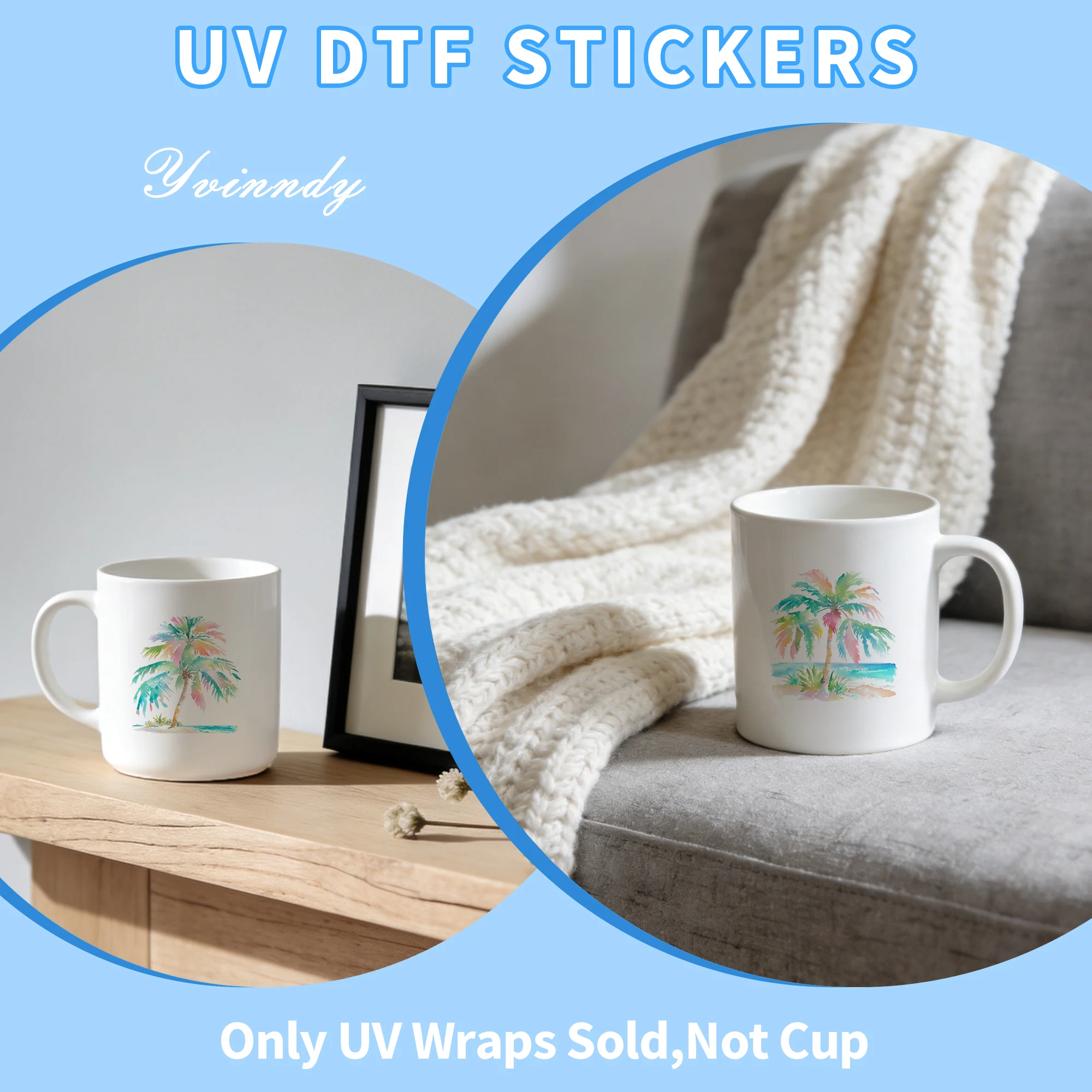 105개/세트 수채화 해변 야자수 UV DTF 전사 스티커 DIY 공예 키트 (크리스탈 라벨 포함) 16온스 유리병 포장 스티커