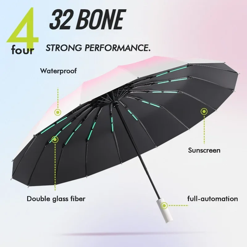 32 Bone Automatic Gradient Color 3 Fold Umbrella Windproof Waterproof Sunshade Sun UV Protection For Men Women