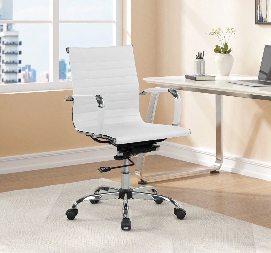 Description Picture 2 of itemRibbed Back PU Leather Office Chair, Adjustable Height, White  Computer Chair Office Chairs computer chair