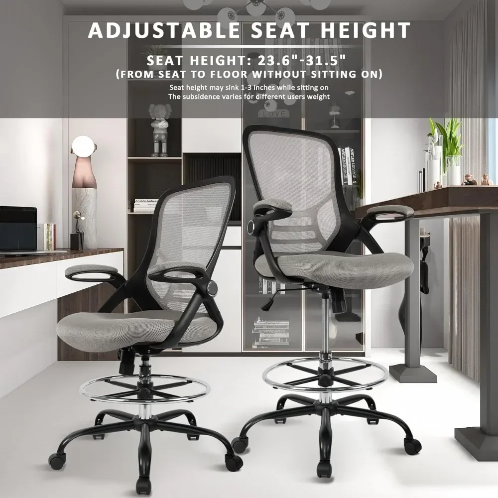 "ergonomic high-back mesh drafting chair with flip-up armrests and adjustable footrest for standing desks"