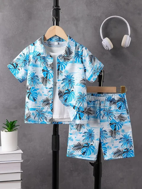 Chemise à manches courtes à col boutonné pour enfants, motif cocotier, style hawaïen, pour les vacances à la plage, été, + shorts, vêtements pour garçons 1