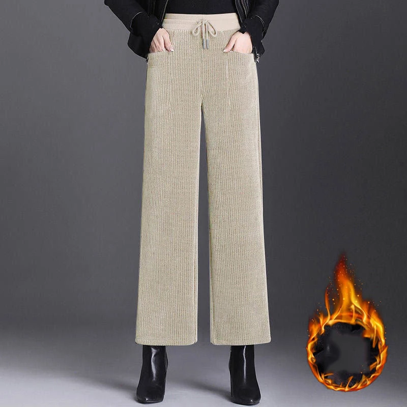 Fleece Lined Winter Wide Leg Pants Women Casual Lace Up High Waist Corduroy Baggy Trousers Oversized Straight Ankle-Length Pants