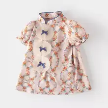 

Girls Cheongsam 2022 Summer New Female Baby Bubble Sleeves Milky Dress Fashion Bow, Bock Small Girl Skirt