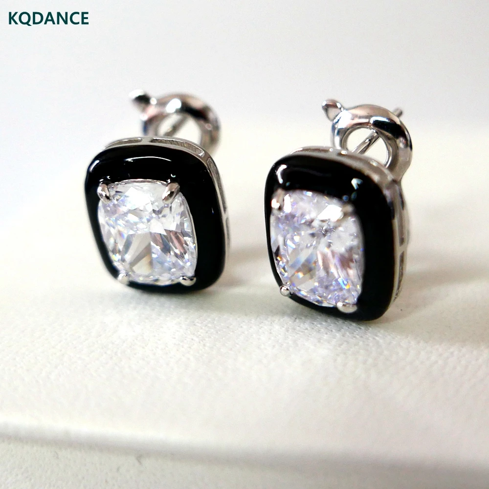 

KQDANCE High Craft 925 Sterling Silver Cushion Cut White High Carbon Diamond And Black Enamel Earrings With Clips Women Jewelry