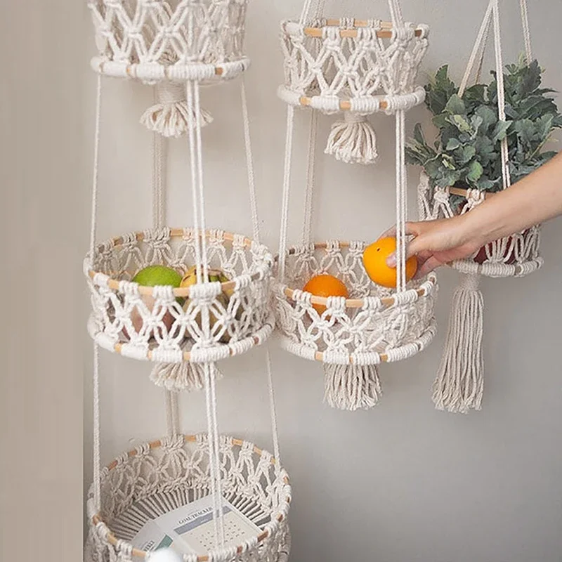 

Baskets Macrame Holder Decorative Fruit Cotton Rope Home Basket Hanging Toy Storage Organizer Wall Weave Plant Flower Handmade