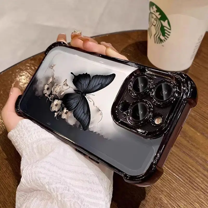 High Quality Black Butterfly Plating Phone Case with Anti-Fall Airbag Protection