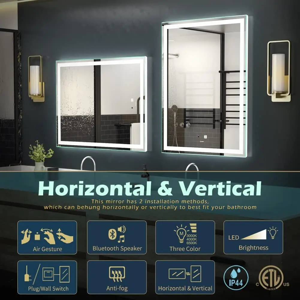 28 x 36 inch LED Bathroom Mirror Hand Wave Induction Vanity Mirror with Bluetooth Speaker Illuminated Dimmable Anti Fog