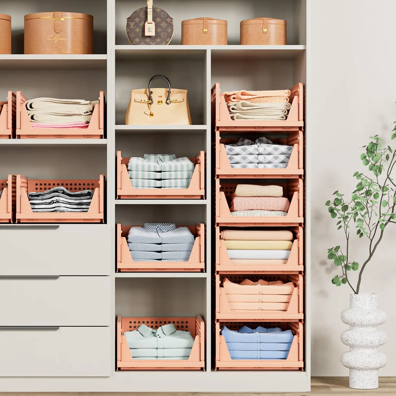 5 Pack Folding Closet Organizers Storage Box, Stackable Plastic Storage Basket, Closet Organizers and Storage Drawer Shelf Stora 5