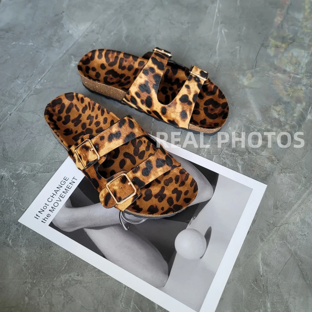 FEDONAS New Ins Horsehair Leather Sandals Buckles Leopard Flats Platforms Summer Shoes Woman Comfort New Casual Shoes Slippers