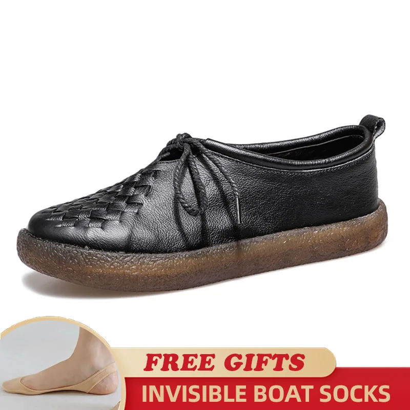 

2023 Spring New Ladies Genuine Leather Handmade Shoes Plus Size 42 Weaving Women Lace Up Flat Shoes Women Soft Loafers Flats
