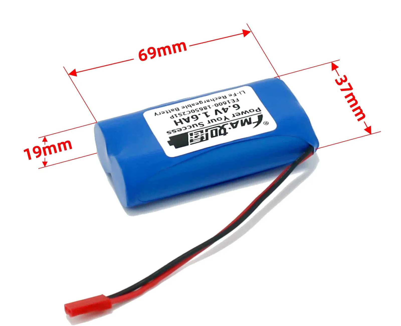 Batterie LiFePO4 6.4V 1600mAh protégée pour émetteur RC et voiture de course, vue latérale.