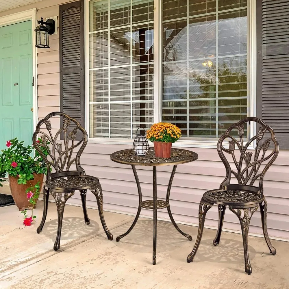 Patio Bistro Café Sets 3 Piece, Outdoor Rust-Resistant Cast Aluminum Garden Table and Chairs, Bronze,Café Furniture Sets