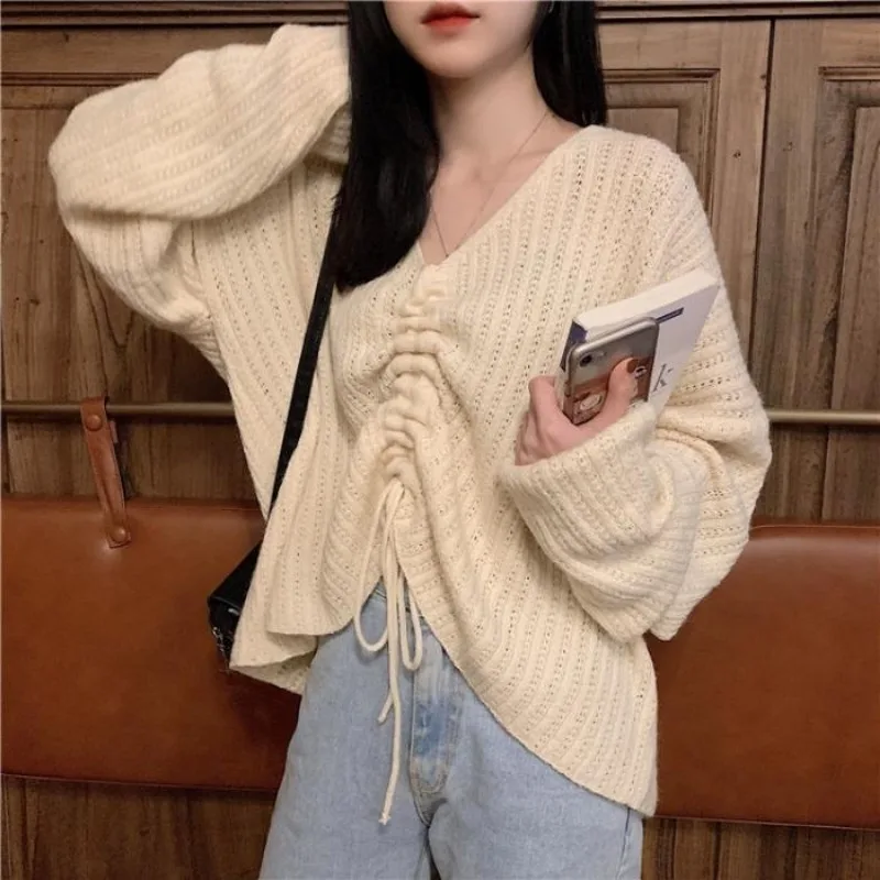 

Women Spring and Autumn Sweater V-neck Pullover Korean Version Loose Outerwear Ins Drawstring French Lazy Long Sleeve Top Trendy