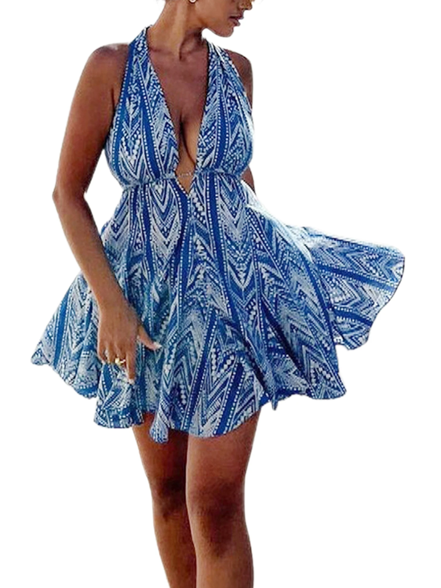 

Women s Vintage Floral Print Halter Neck Backless Ruffle A-Line Mini Dress for Boho Beach Vacation