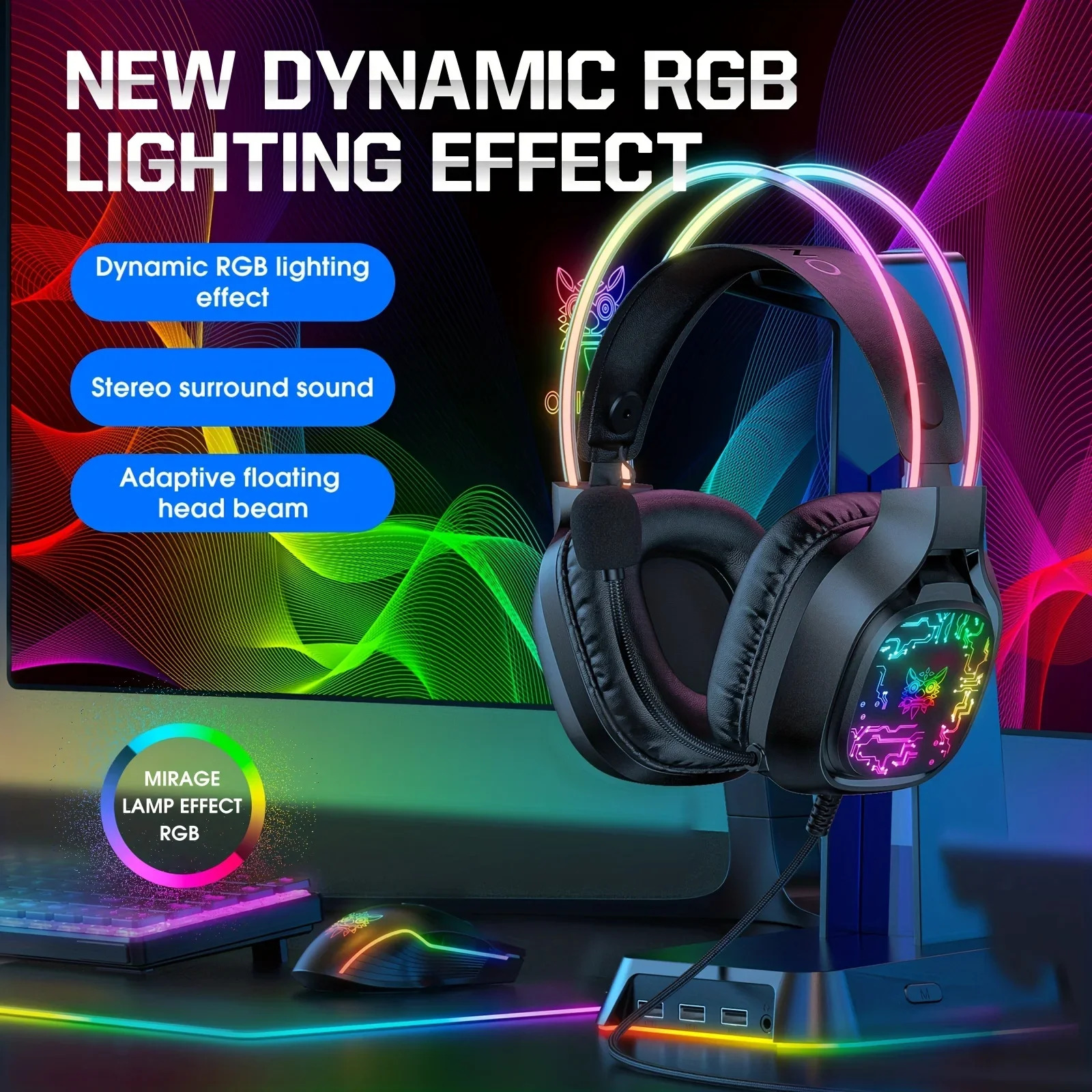 게이밍 헤드셋 RGB 다이나믹 조명 유선 컴퓨터 헤드폰, E-스포츠 게임 7.1 채널 유선 헤드셋, 마이크 헤드 포함, X22