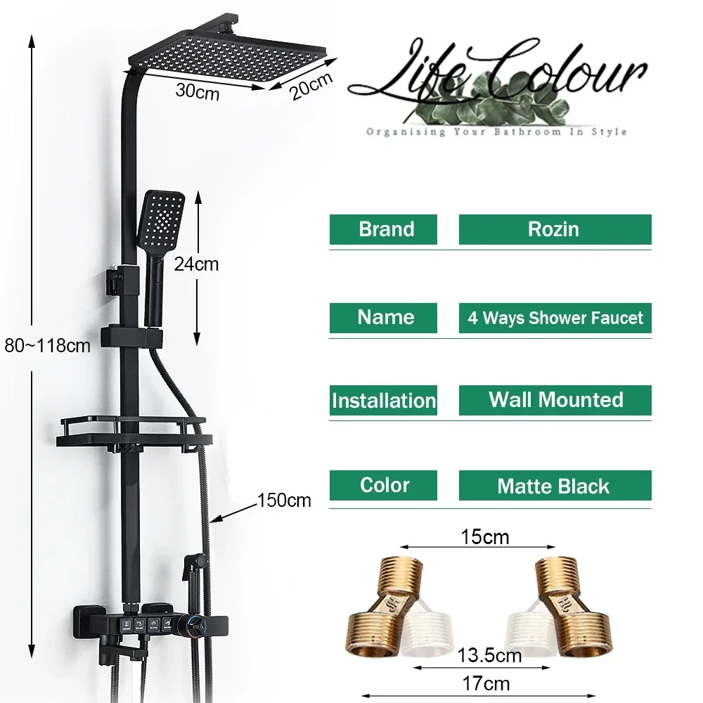 Description Picture 5 of itemBathroom Thermostatic Shower Faucet Set Wall Mounted Chrome Black Rainwater System Mixer Bathtub Bidet Crane