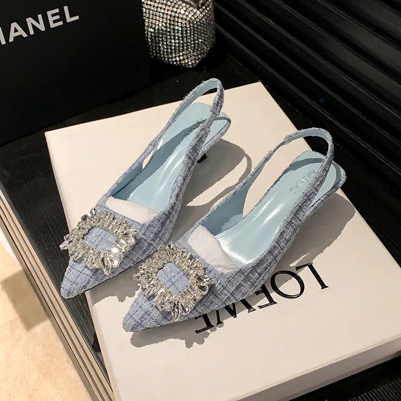 Сандалии Baotou женские на тонком французском каблуке, босоножки с квадратной пряжкой, с острым носком, с открытой спиной, большие размеры 34-43, лето