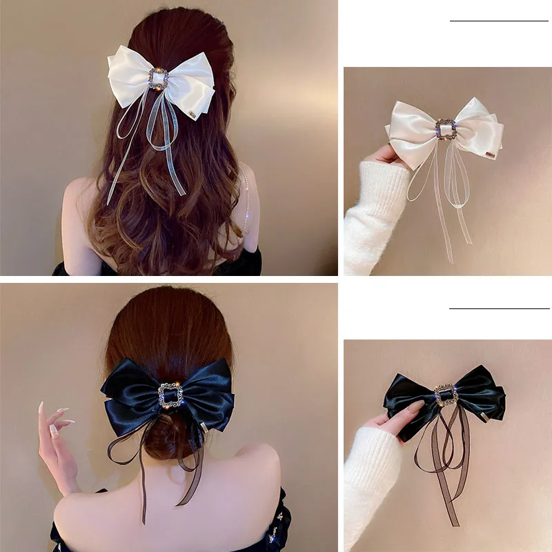 

New High quality satin streamers Bow Barrettes Hairpins For Women Rhinestone Spring Hair Clips Ribbon Ponytail hair accessories