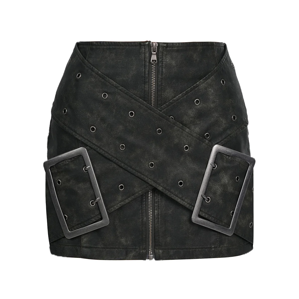 DEAT Fashion Women's Pu Leather Skirt Low Waist Zipper Cross
