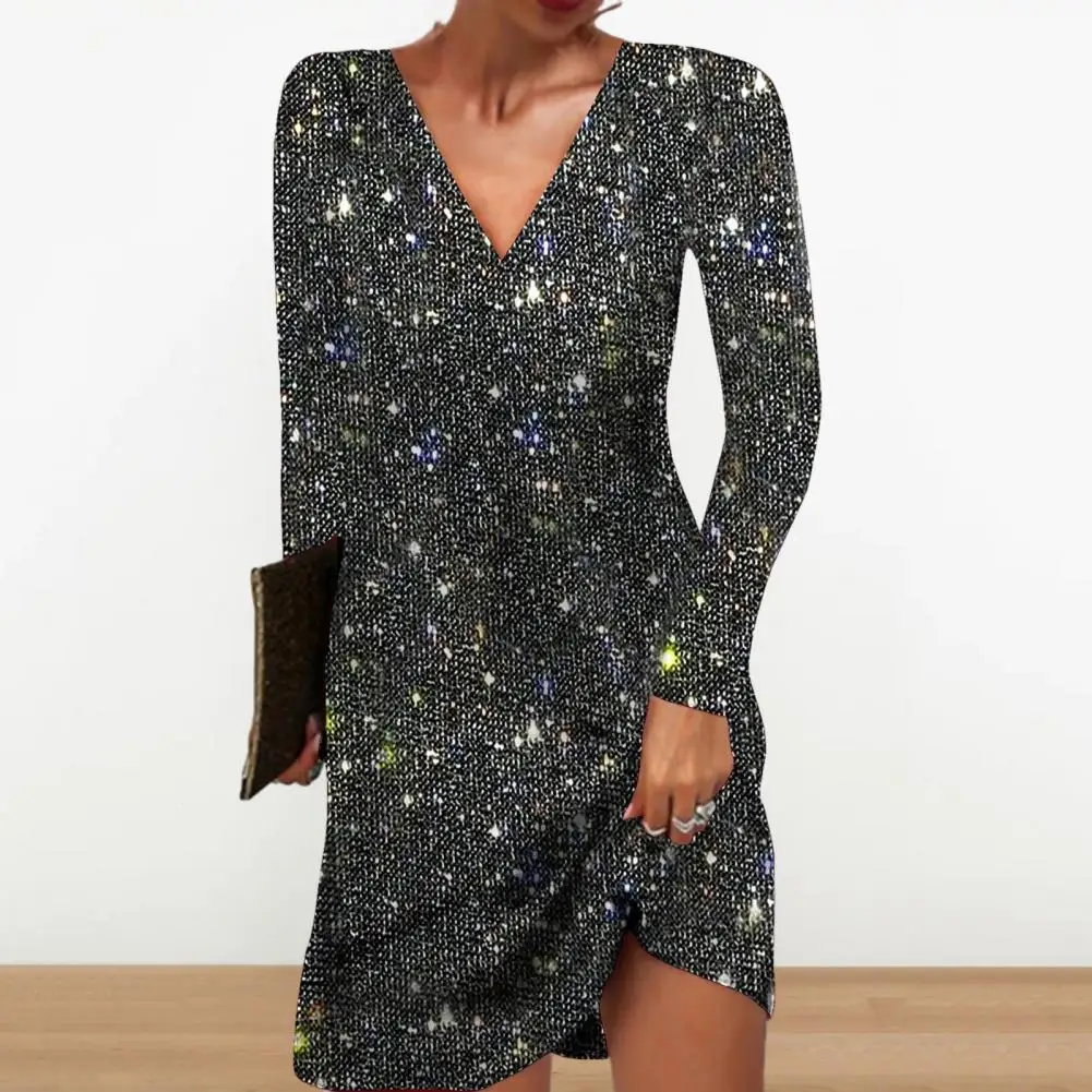 

Women Sequin Dress Elegant Sequin V Neck Mini Dress for Women Shiny A-line Party Club Dress with Long Sleeves Soft Breathable