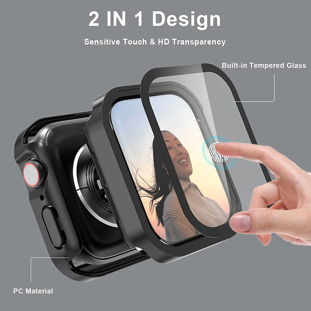 Case+Glass for Apple Watch 7 8 9 45mm 41mm 44mm 40mm Screen Protector Waterproof Cover Bumper Shell iWatch 4 5 SE 6 Accessories