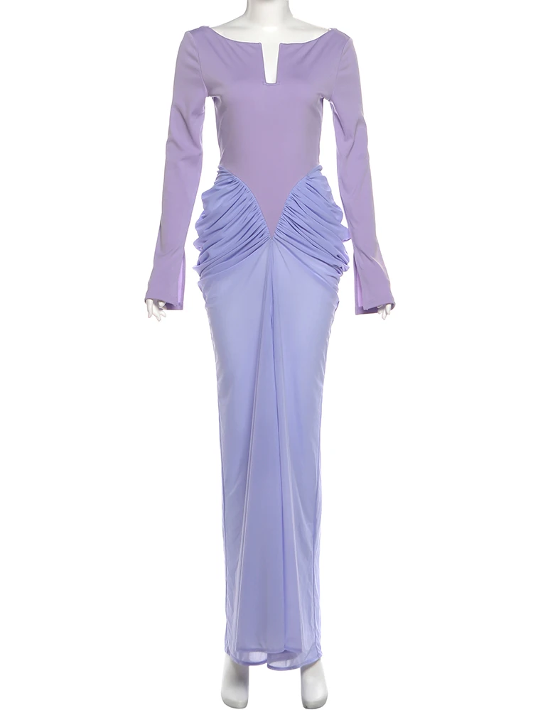 Nibber Full Sleeve Patchwork Maxi Dress Women v-Neck Folds High Split Skinny Stretch Elegant Banquet Vacation Chic Vestidos