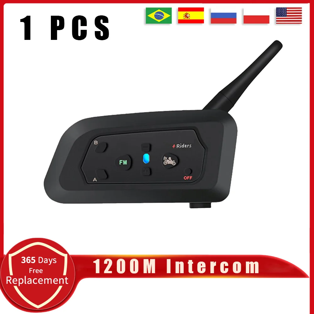 V4 PRO Motorcycle Helmet Bluetooth Intercom Headset 1200M 4 Riders Full Duplex Interphone With Fm Radio Waterproof Communicator