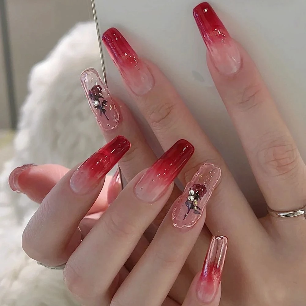 24pcs Red Gradient Coffin False Nails With Rose Design French Ballerina  Flower Fake Nails Full Cover Nail Tips Press On Nails - False Nails -  AliExpress
