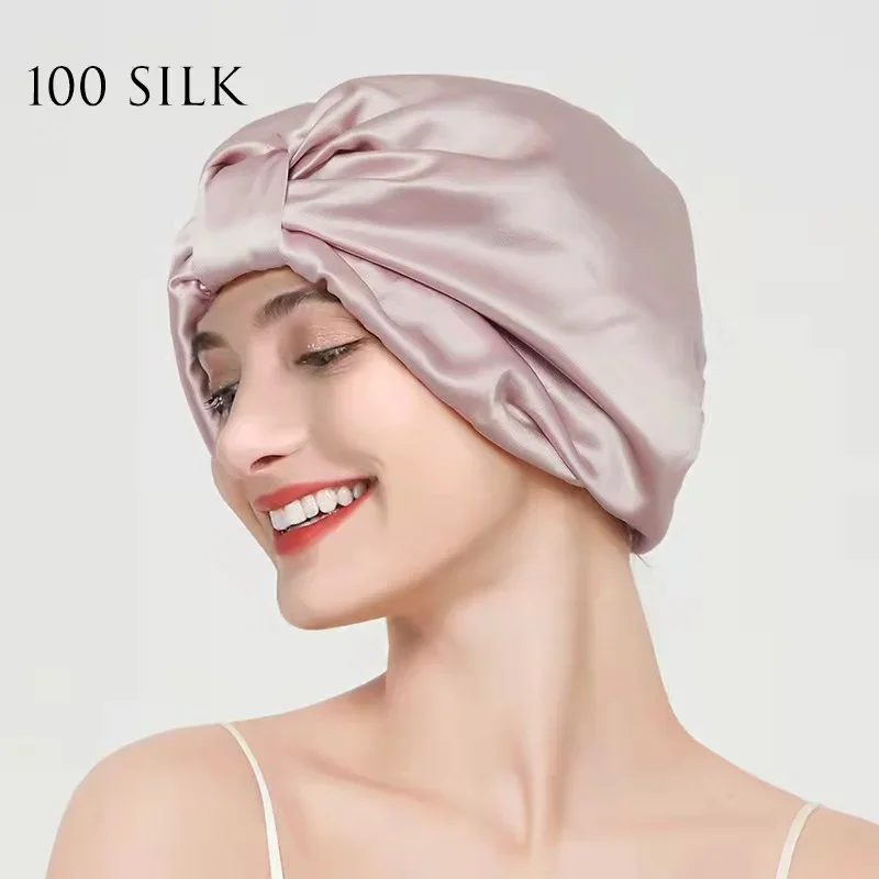 100 Mulberry Silk Hair Bonnet Cap For Women 19 Momme Natural Pure Silk Turban For Sleeping Hat Double Layer Silk Curly Head Wrap 6