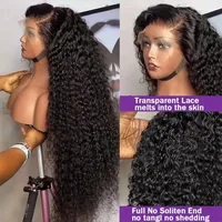 Perruque en cheveux humains vierges Jerry Curly de 34 pouces, noir naturel, perruque frontale en dentelle HD transparente 13x4, pré-coupée avec ligne de cheveux naturelle 3