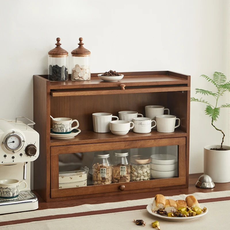 Hoogwaardige Opbergkast Massief Hout Stofdichte Koffiekop Opslag Woonkamer Opbergplank Clamshell Ontwerp Maaltijd Zijkast