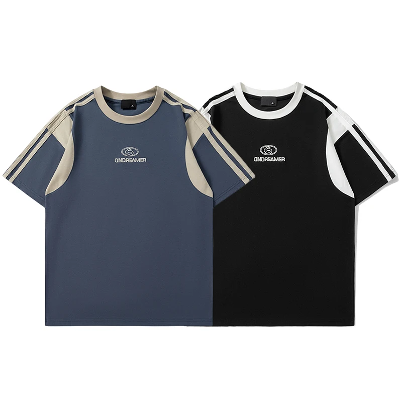 

Stripe Retro Contrasting Color Patchwork T-shirt Men Women Unisex Embroidery Logo Loose Trendy Raglan Top Short Sleeved