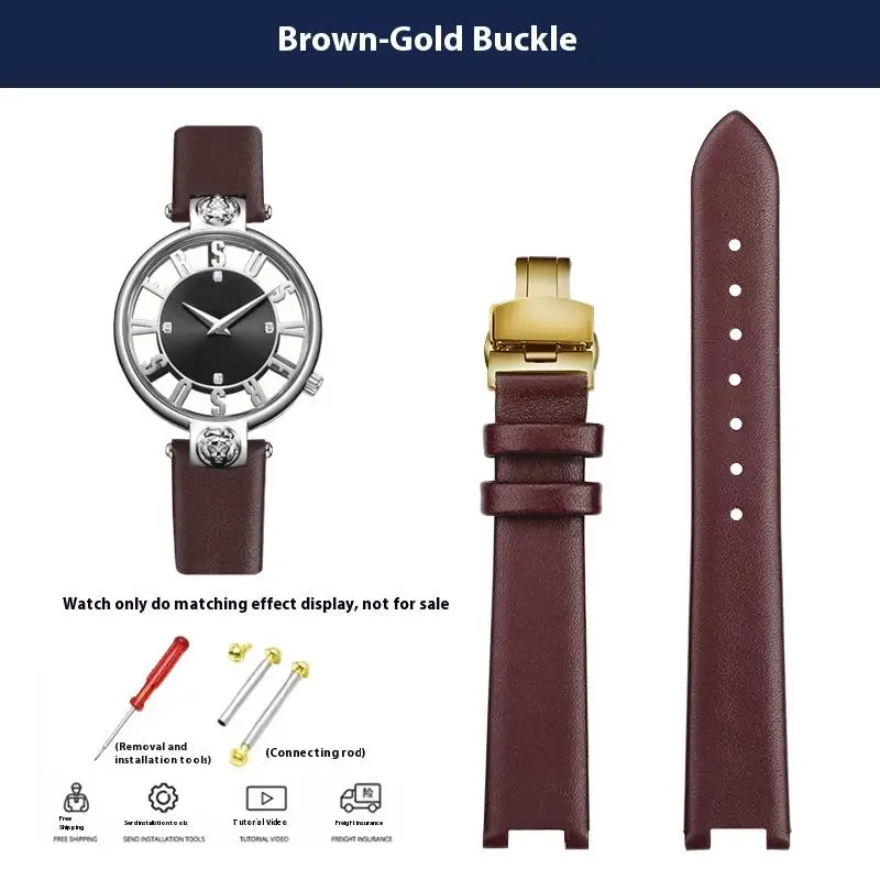 Women's Genuine Leather Cowhide Watchband with Notched 16mm Butterfly Buckle