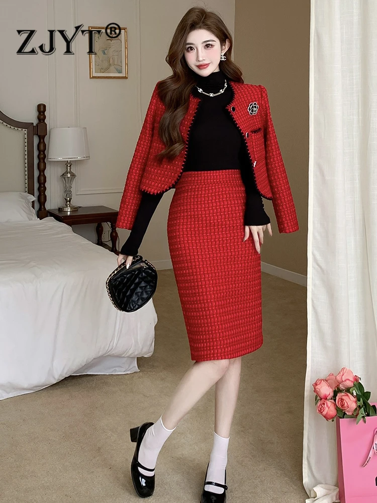 

ZJYT Red Tweed Woolen Jacket Skirt Suit 2 Piece Womens Outfit Autumn Winter Elegant New Year Christmas Party Event Dress Sets