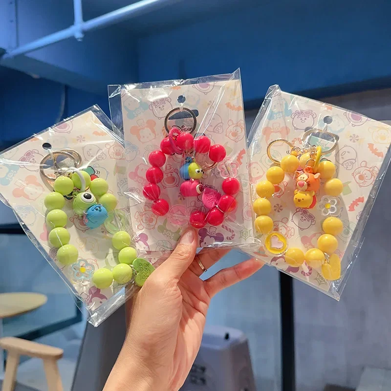 Disney Mickey Minnie Beaded Bracelet Keychain Hanging Accessories Anime Jewelry Donald Duck Pendants Keyring Kids Birthday Gifts