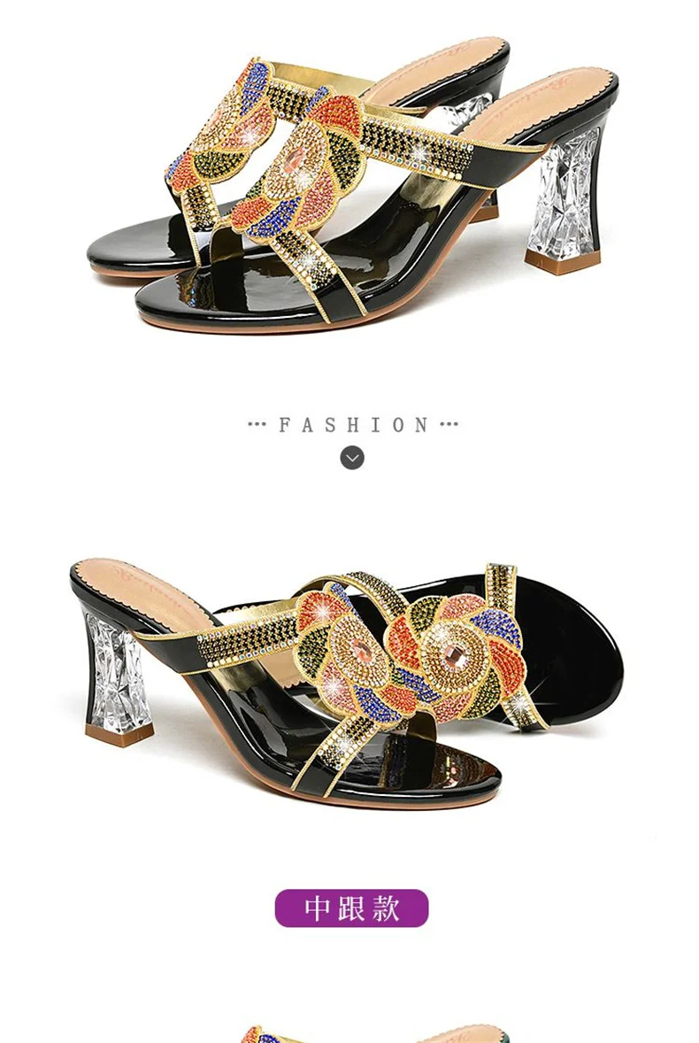 Summer New Comfort Non-slip High Heel Genuine Leather Crystal Inlaid Diamond Women's Beach Fashion Versatile Bohemian Shoes