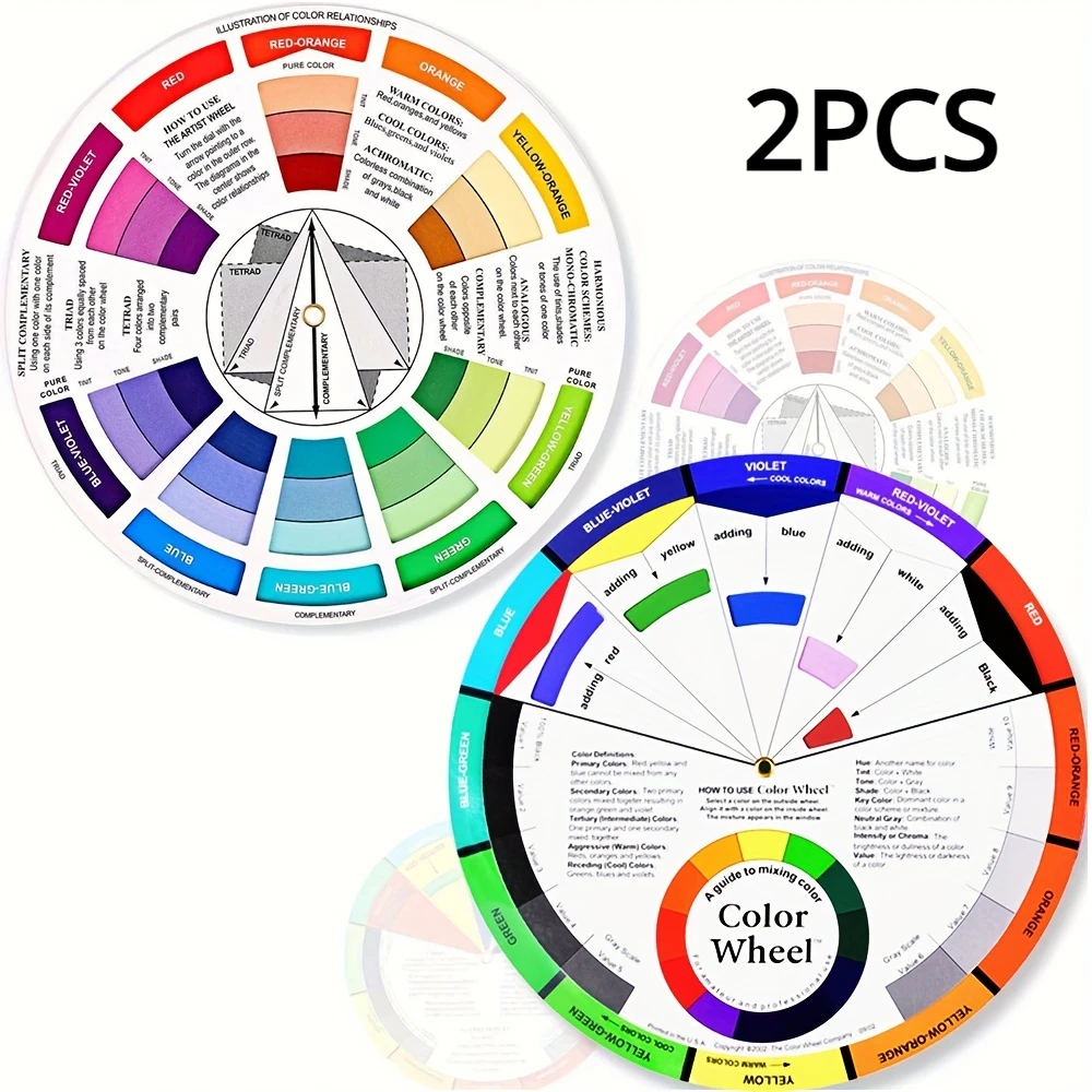 2pcs Color Matching Color Wheel Paint Mixing Learning Guide Art Class Teaching Tool Wheels for Makeup Blending Board Char paint tray color palette watercolor palette