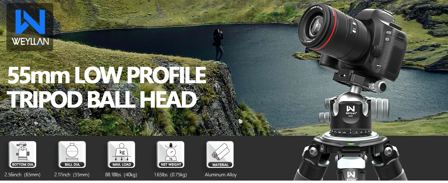 CH55 55mm Heavy Duty Ball Head 40kg Load Aluminum 360° Panoramic with Arca Swiss