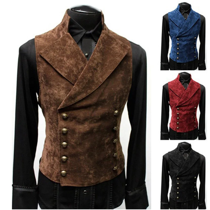 

Mens Double Breasted Gothic Steampunk Velvet Vest Stand Collar Medieval Victorian Black Waistcoat Men Stage Cosplay Prom Costume