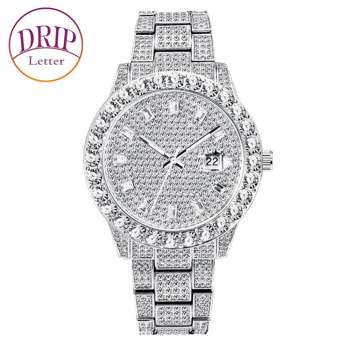 

Drip Letter Watch for Men Gold Color Big Dial Military Quartz Clock Luxury Rhinestone Business Waterproof Relógio Masculino