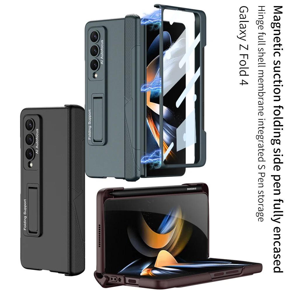 

For Samsung Galaxy Z Fold 4 Case Ultra Thin Matte Magnetic Folding Hinge Kickstand With Side Pen Slot Tempered Film Hard Cover