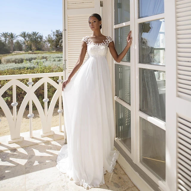 Beaded V-neck Long Empire Waist Aline Wedding Dress #OP4098 $164.3 -  GemGrace.com