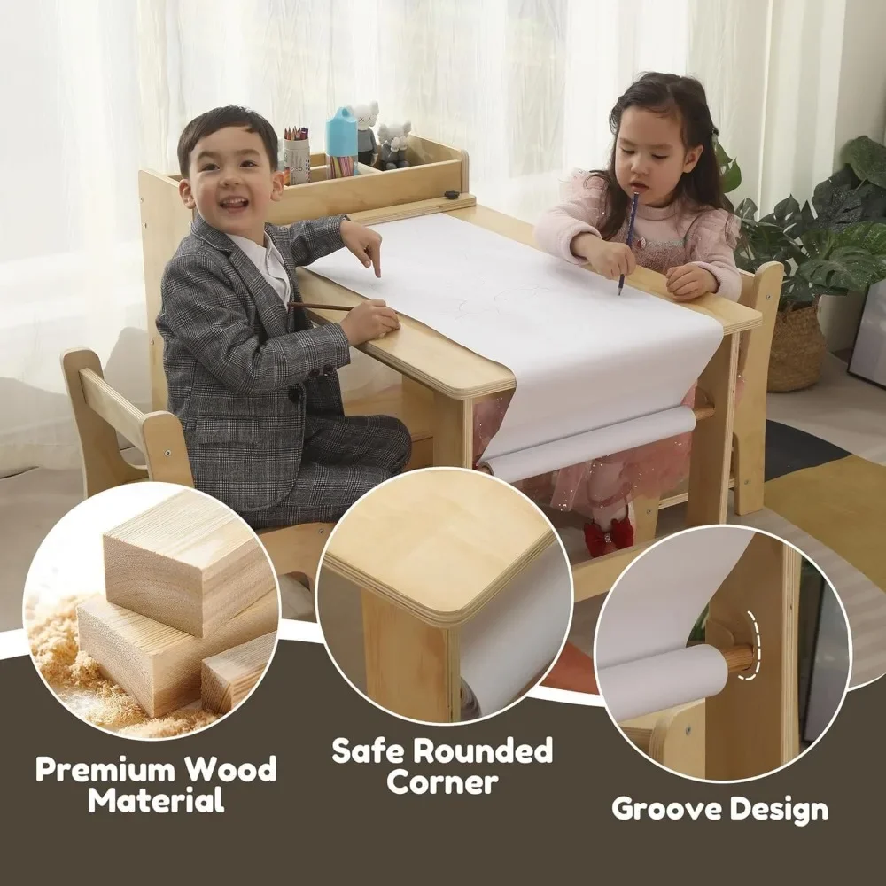 Kids Art Table and 2 Chairs Set Wooden Drawing Table with Large Storage Shelf Craft Table Toddler Activity and Study Desk 5