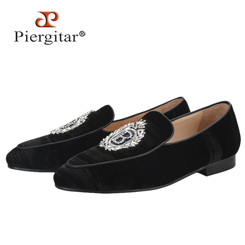 

Piergitar Luxury Brand Same Model Black Velvet With Transparent Rhinestones Men Loafers Handmade Slip-On Smoking Slippers Shoes
