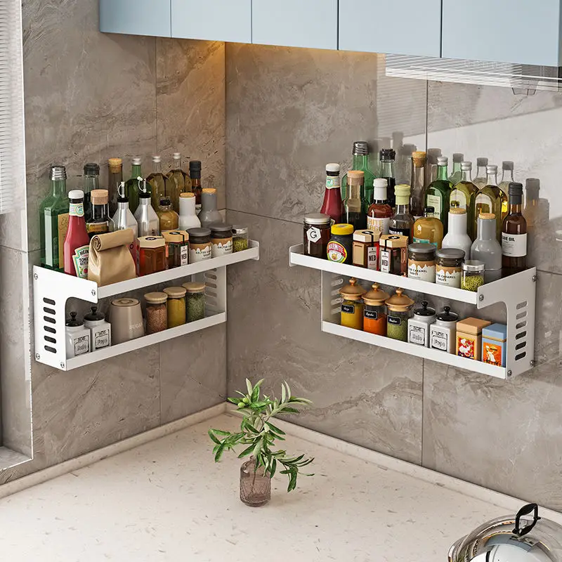 

Black Wall-mounted Kitchen Shelves Punch-free Double Layers Spice Storage Rack Storage Holder Rack Bathroom Supplies