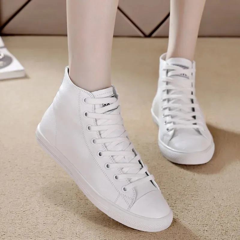 High Top Single Shoes Autumn New Round Toe Spliced Front Lace-Up Anti-Slip Wear-Resistant Flat Sneakers