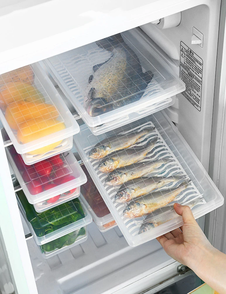 NEGJ Kitchen Draining Large Medium And Small Fresh Keeping Box Rectangular  Refrigerator Refrigerated Storage Box Vegetable Seafood Classification