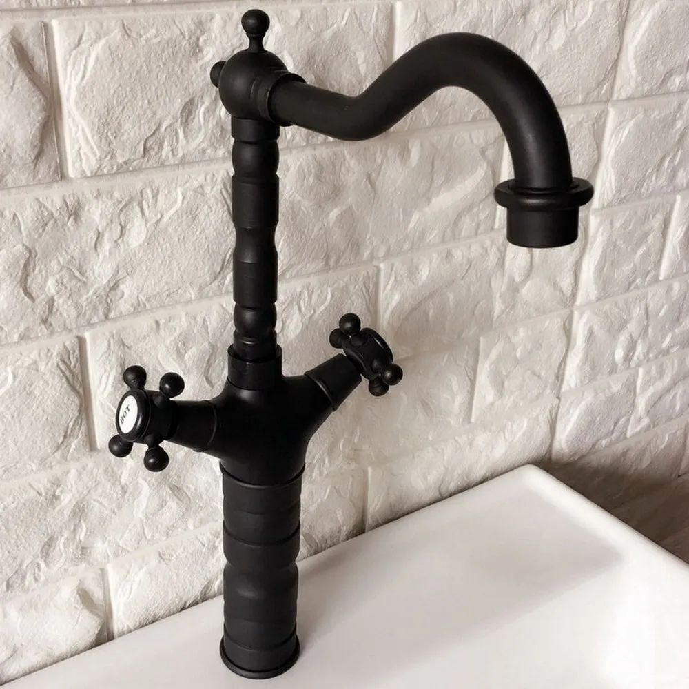 

Black Oil Rubbed Bronze Bathroom Sink Faucet Swivel Spout Double Cross Handle Bathroom Kitchen Mixer Hot and Cold Tap Lnf345