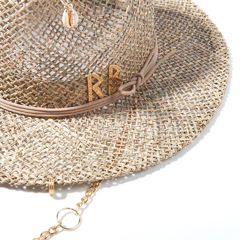 Women's Straw Sun Hat For Summer Beach With Decorative Letter Pin_voghion.com