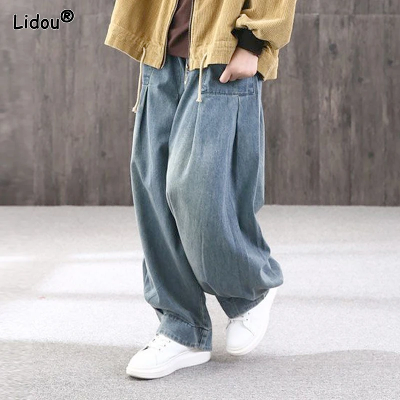 

2023 New Spring and Autumn Fashion Street Style Loose Relaxed Relaxed Elastic Waist Pocket Solid Color Enlarged Radish Pants